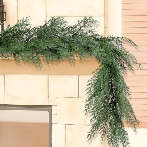 Artificial Cedar Christmas Garland Real Touch Realistic Soft and Thickness Garland Faux Full Greenery Holiday Garland for Mantel Fireplace Front Door Indoor Outdoor Xmas Decor (9FT-Deluxe Cedar)