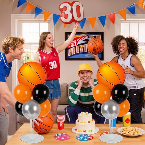 Image of 2 Sets Basketball Party Balloons Stand Kit with Orange And Black Balloon Sport Basketball Senior Night Balloon Centerpiece for Tables for Game Sports Day Birthday Sports Event Decorations