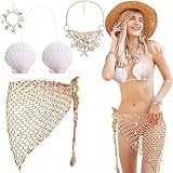 4 Pcs Women Beach Mermaid Costume Accessories, Shell Bikini Mermaid Accessories Set, Mermaids Crochet Skirt Seashell Bra Starfish Pearl Necklace Bracelets for Women Summer Beach Halloween Costume
