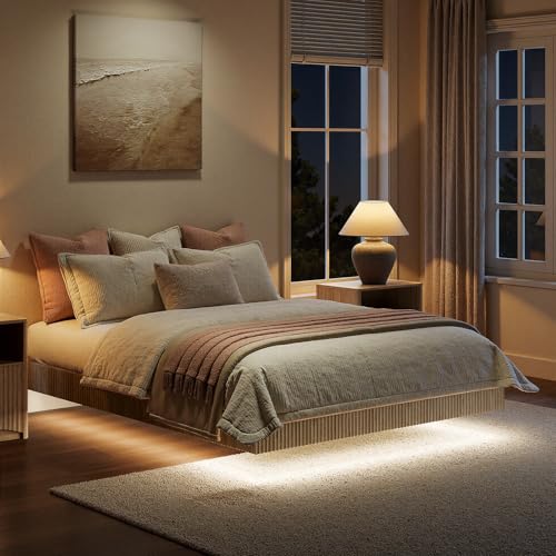 Image of Evermagin Oak Queen Floating Bed Frame with led Lights, Fluted 14In High Platform Bed No Headboard, Heavy Duty Mid Century Modern Float Metal Bedframe, No Box Spring Needed (Oak, Queen-14in high)