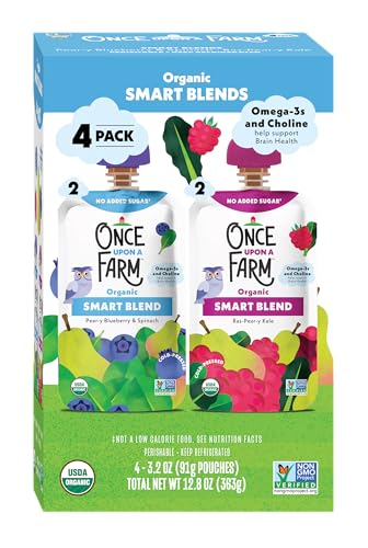 Image of Once Upon a Farm Organic Smart Blend, Pear-y Blueberry and Spinach and Rasp-Pear-y Kale Variety 4PK, Kids Snack, 3.5oz Pouch
