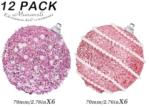 Pink Christmas Ball Ornaments, Christmas Ball Decorations Shatterproof Plastic Hanging Pearl Balls for Holiday Party(70mm/2.76", 12ct) - image 4