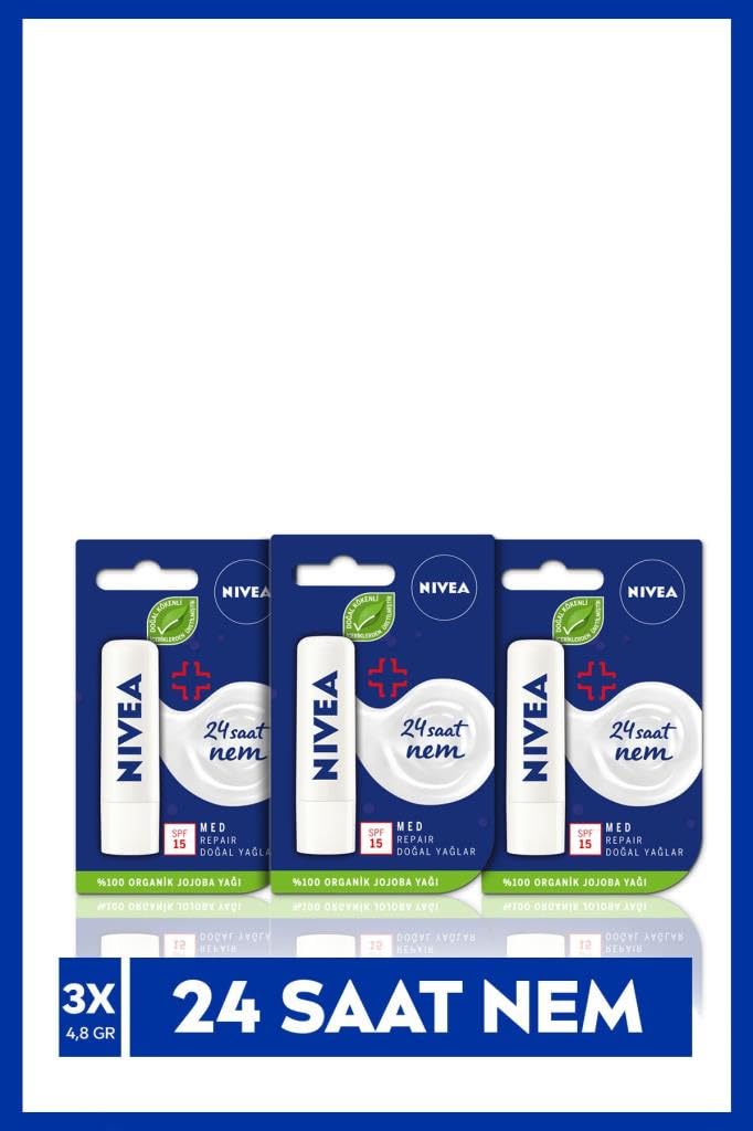 NIVEA Med Repair Dudak Bakım Kremi 4,8gr x3 Adet,24 Saat Nem,Doğal Yağlar ile Çatlamış Dudak Bakım,SPF 15, Avantajlı Paket