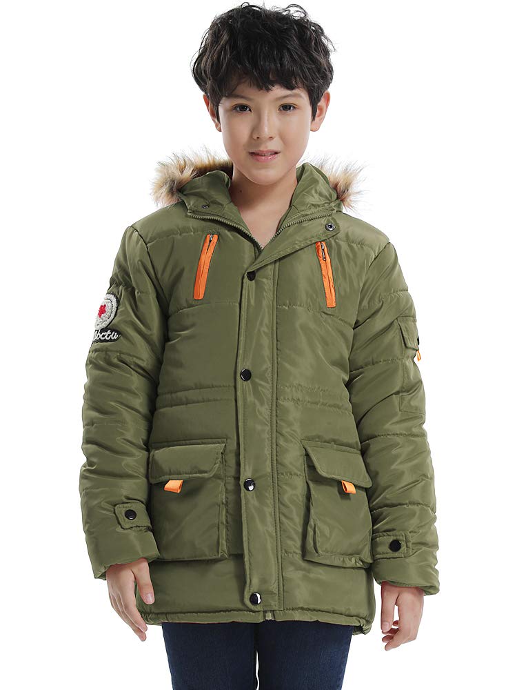 Big Boy's Winter Cotton Thick Hooded Parka Outwear Coat with Faux Fur Trim Army Green Tag 160-63"(9-10Y)
