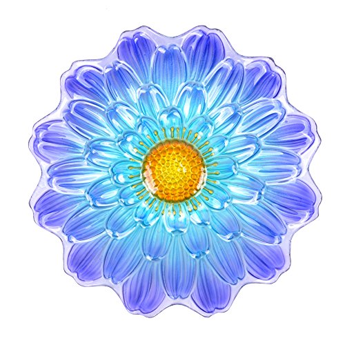 Peaktop Garden Handpainted Flower Fusion Glass Birdbath With Metal Stand, 21.2" Height, Purple/Light Blue