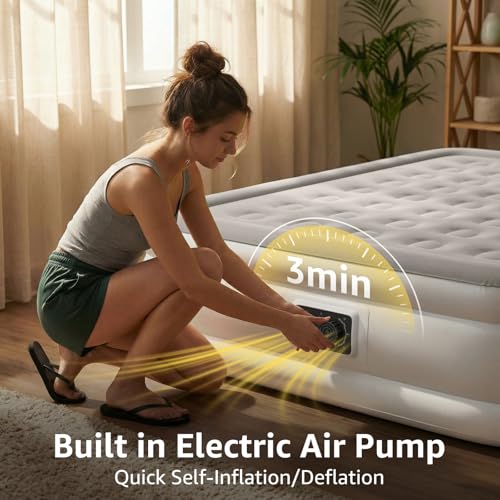 Image of YENING Full Size Air Mattress with Built in Pump Raised Double Blow up Bed Inflatable Camping Airbed Electric 18 Inch Tall Grey