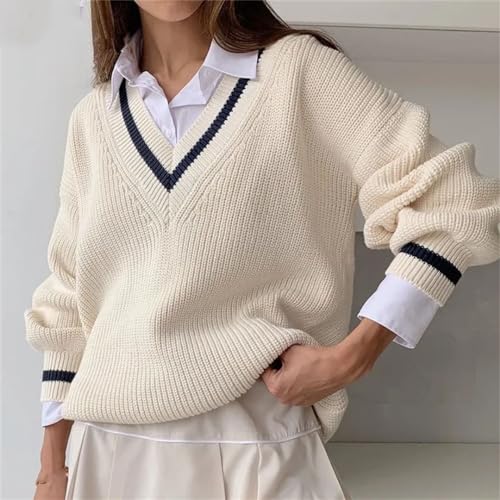 Womens Knit Sweaters Autumn Winter V-Neck Knit Pullovers Loose Fashion Solid Sweater2
