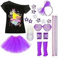 80s Costume Accessories Set for Girls, Fancy Dress Neon Party Outfit with T-shirt Tutu Skirt Fishnet Gloves Leg Warmers Earrings Bracelets Necklaces Hairpins Glasses Headband for Retro Party Cosplay