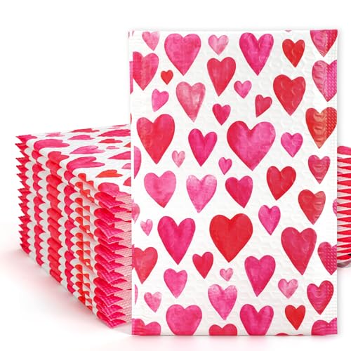 Whaline 50Pcs Valentine's Day Bubble Mailers Poly Padded Envelope Love Heart Self Seal Mailer Bag for Small Business Boutique Packaging Mailing Makeup Clothes Document, 6 x 9 Inch