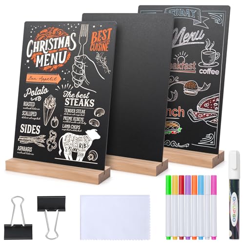 ONUPGO 3 Pack Tabletop Chalkboard with Wood Holder, 8 x12 Inch Menu Chalk Board Sign Store Food Signs, Message Boards for Party, Wedding, Tables Decoration, Bar and Restaurant