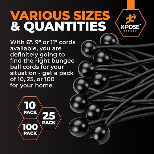 Image of Xpose Safety Bungee Ball Cords 6 inch 25 Pack Heavy Duty Black Stretch Rope with Ball Ties for Canopies, Tarps, Walls, Cable Organization