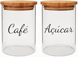Potes Herméticos de Vidro com Tampa de Bambu 1200ml Conjunto com 2 Unidades para Café e Açúcar Transparente