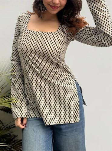 Image of FELISIA Women's Full Sleeves Rayon Printed Square Neck Short Kurti, Bell Sleeves, Short Kurti for Women, Stylish Ethnic Top, Daily Casual Western & Office wear