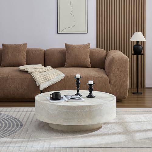 35.43' Modern Round Coffee Table in Faux Marble, Aesthetic Stone Pedestal Coffee Table,...