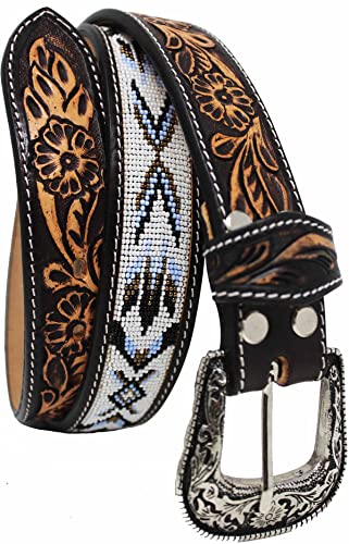 Unisex 1.5" Western Floral Tooled Beaded Full-Grain Leather Belt 26RT432