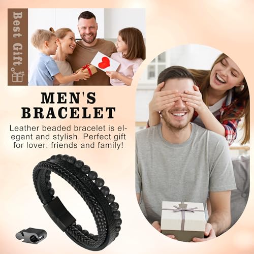 Gifts for Men - Layered Leather Beads Bracelet, Tiger Eye Lava Rock Stone Braided Leather Bracelets for Men Adjustable Magnetic Clasp Birthday Gifts3