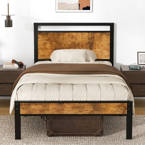Image of Z-hom Upgraded Twin Bed Frames, Heavy Duty Metal Sturdy Bed Frame Twin Size with Modern Wood Headboard & Footboard, Stable Platform Bed Furniture Bed Storage, No Noise, No Box Springs, Vintage Brown