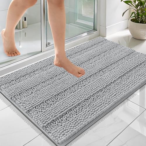 Image of OLANLY Thick Bathroom Rugs 36x24, Extra Soft Absorbent Chenille Striped Bath Rugs, Rubber Backing, Machine Wash Dry, Bath Mats for Bathroom Floor, Tub and Shower, Home Decor Accessories, Light Grey