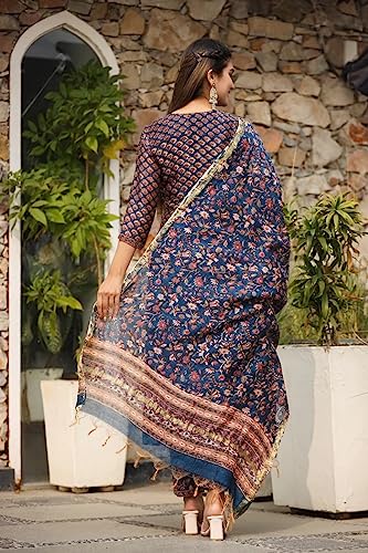 Dhruvi Trendz Women Cotton Blend Fancy Kurta Set Regular Fit Printed (Dt-K2706&P128&D83_Blue_S)