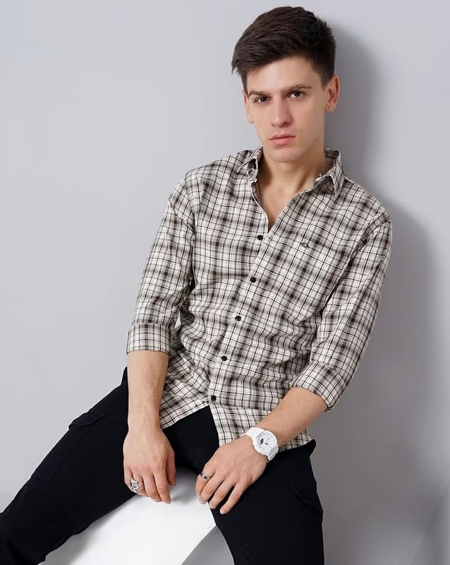 Image of Men's Cotton Casual Checked Classic Collar Slim Fit Shirt