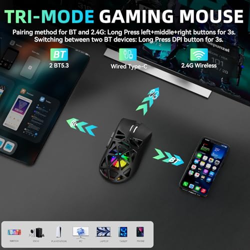 Image of Aula SC620 Wireless Gaming Mouse, Tri-Mode 2.4GHz /USB-C /BT5.3 Computer Mouse with 12000 DPI, Programmable Macro Gamer Mouse with Rapid Fire Key, RGB Light Gaming Mice for PC /Laptop /Mac(Black)