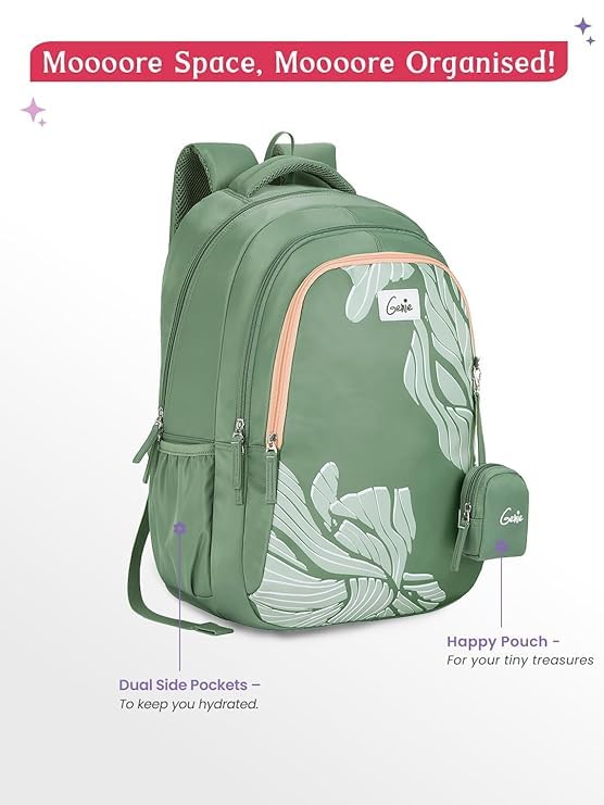 Image of Genie Mira School Backpack For Girls |19 Inch-36 Litres With Three Compartments, Light Weight with Padded Shoulders |Best for Books, Water Bottles, Stationery, Lunch Box & Essentials - Sage