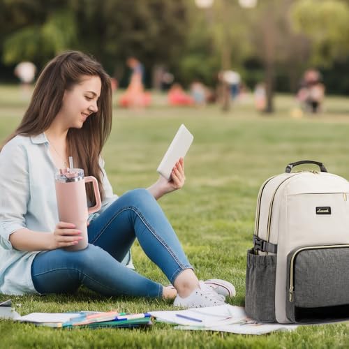 Image of LOVEVOOK Laptop Backpack for Women with Pouch Pocket for Large Capacity Cup,15.6 Inch Laptop Computer Bag Travel Backpack Purse,Waterproof Work Business Backpack College Teacher Bags,Beige-Gray-Black