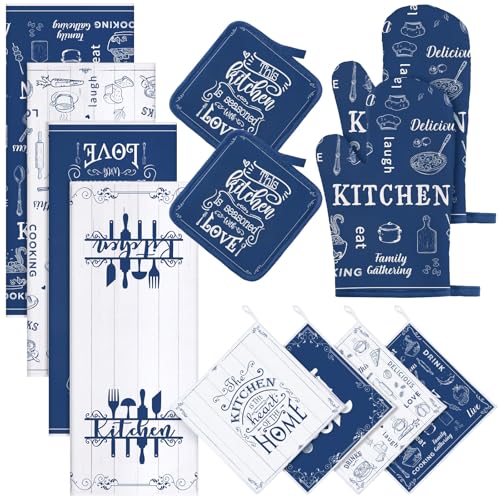 12 Pcs Farmhouse Kitchen Decor and Accessories Sets 4 Blue Kitchen Hand Towels 4 Absorbent Dishcloths 2 Pot Holders 2 Oven Mitts Glove for Home Decorations Mom Gifts 'with Love, is Seasoned' Theme