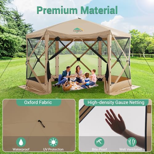 Image of COBIZI 12x12 FT Pop Up Canopy Shelter Tent, Large Gazebos On Clearance with Sidewalls, Screened in Gazebo, Screen Tents Portable carpas para Patio for Outdoor Camping, Backyard, Garden, Beach,Khaki