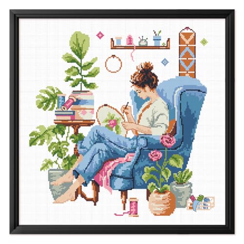 Image of FREEBLOSS 11CT Cross Stitch Kits Girl Green Plants Stamped Full Range of Embroidery Starter Kits for Beginners Stamped Cross Stitch Wall Painting Craft Kit with Instruction, 17.7x17.7