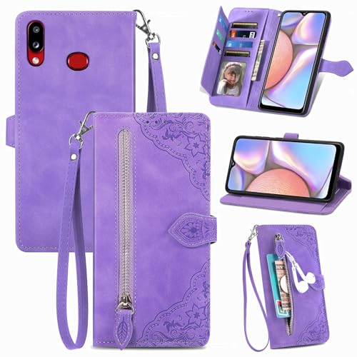 Furiet Compatible with Samsung Galaxy A10s Wallet Case with Wrist Strap Lanyard Leather Flip Card Holder Stand Cell Accessories Phone Cover for A01S M01S Women Purple
