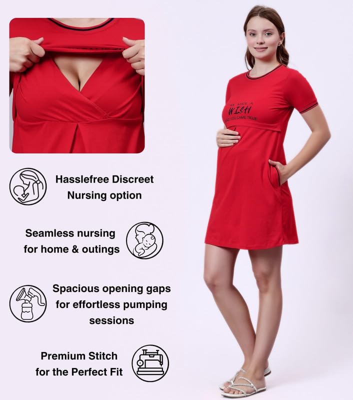 True Shape Maternity Dresses for Women Cotton | Stretchable Zipless Feeding Loungewear Kurta with Side Pockets in Knitted Hosiery for Pre & Post Partum(TSH-010-L, Red) 1