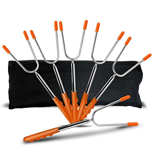 GikPal Marshmallow Roasting Sticks,6 Pack Portable BBQ Skewers Extending Stainless Steel, Hot Dog Forks with Extra Long 45 inch Telescoping Rotating Forks for BBQ Camping/ Campfire/ Fire Pit/ Bonfire
