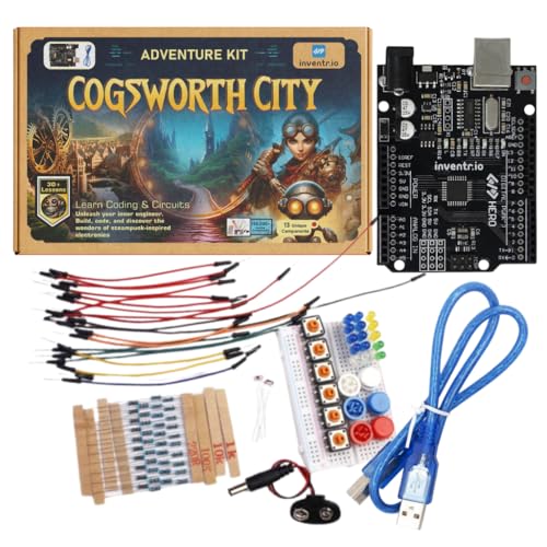 Arduino IDE Compatible STEM Learning Kit - Adventure Kit: Cogsworth City – Complete Beginner Coding and Electronics Course – Includes Hero R3 Board, LEDs, Sensors, Breadboard, and Components