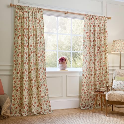 Image of Voyage Maison Elai Pencil Pleat Curtain Pair – 100% Cotton Nature Inspired Country Floral Design (Orange - 117x137cm)