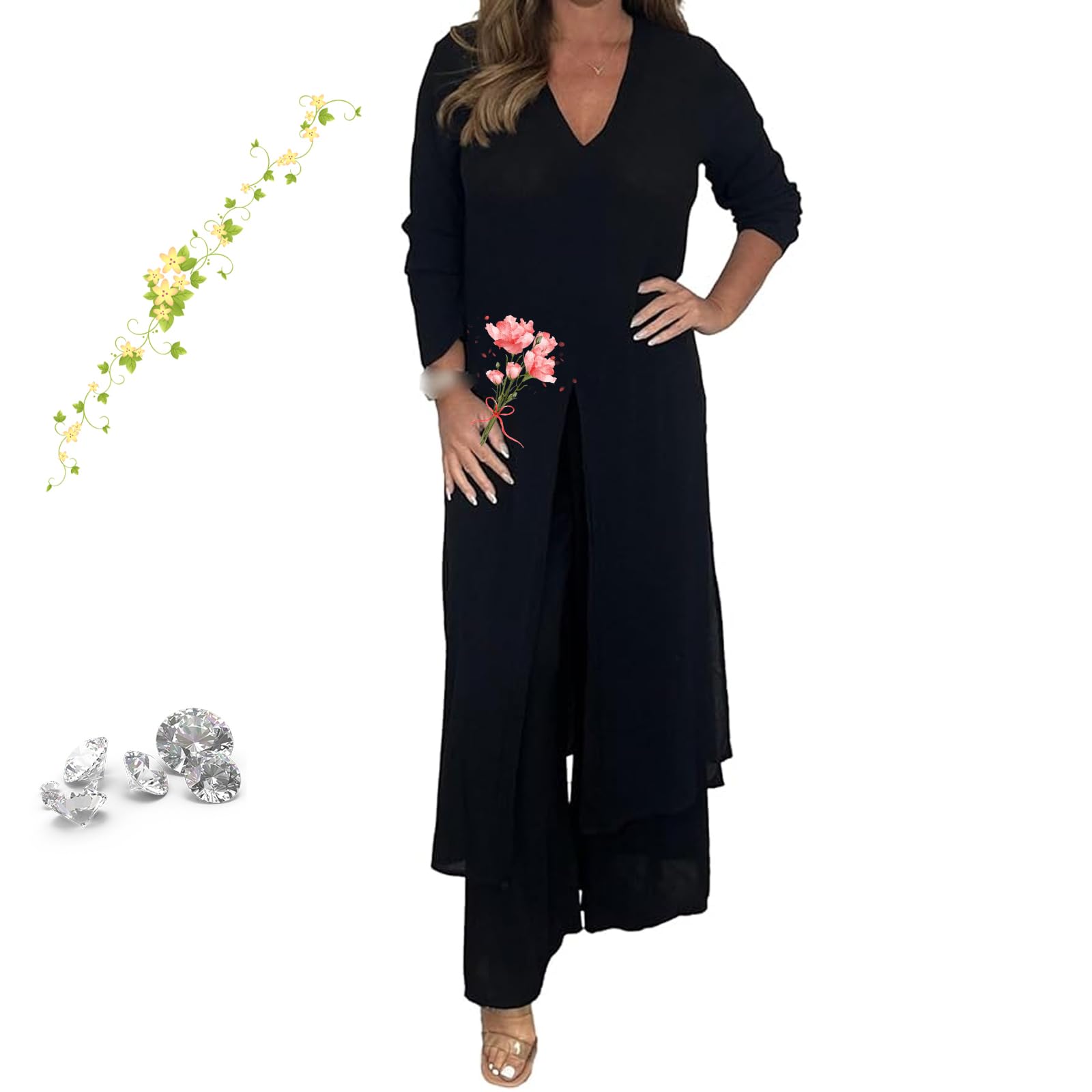 V-Neck Slit Casual Two-Piece Set with Long Top Matching Trouser Formal Pant Suits for Women Dressy Wedding Guest