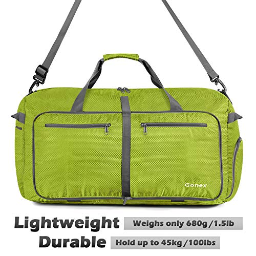 Gonex 100L Large Foldable Travel Duffle Bag with Shoes Compartment, Packable Lightweight Water Repellent Duffel Bag for Camping Gym Weekender Bag Yellowish green