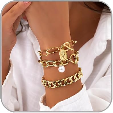 Vivian&CD 14K Gold Plated Chunky Bracelet Set for Women, Stacked Layered Chunky Pearl OT Clasp Bracelets Waterproof Non-Tarnish Adjustable Cuff & Chain Portrait Charming Pendant Bracelets Trendy Stackable Jewelry Gift OT2