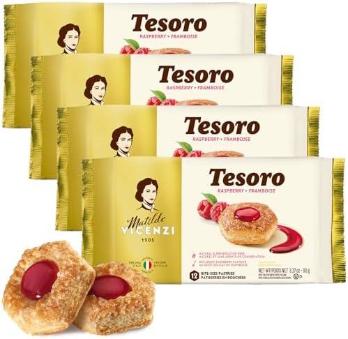 Tesoro Raspberry Filling by Pasticceria Matilde Vicenzi, Raspberry Cream Filled Puff Pastry Patisserie, Kosher Dairy, Made in Italy, 3.17oz (90g), 4-Pack