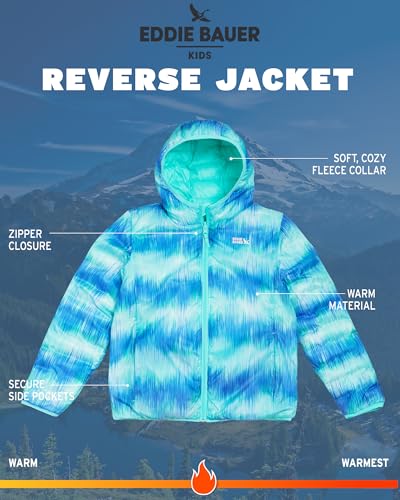 Image of Eddie Bauer Girls' Jacket - CirrusLite Weather Resistant Down Coat for Girls - Insulated Quilted Bubble Puffer (3-20), Size 14-16, Aruba Blue - Reversible
