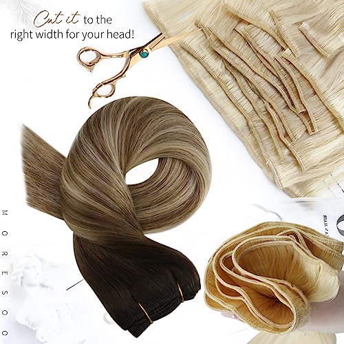 Moresoo Weft Hair Extensions Real Human Hair Balayage Brown to Light Brown with Medium Blonde Sew in Weft Hair Extensions Ombre 20 Inch 100g/Pack #3/8/22 - Image 4
