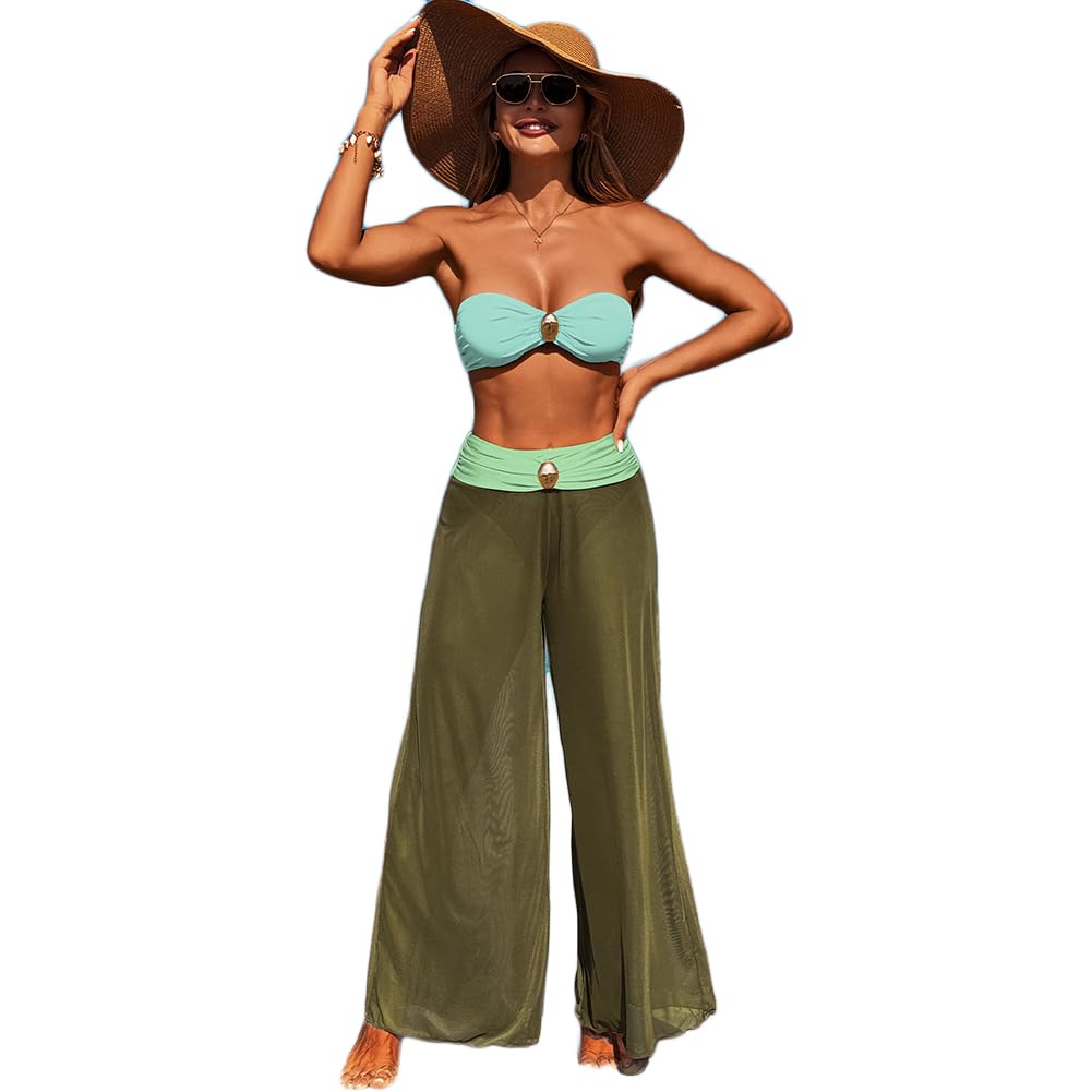 XYFfybhsd Three Piece Women's Bikini Swimwear Beachwear Sexy Swim Wear With Mesh Long Pants Bikinis & Beachwear(Size:L,Color:Green)