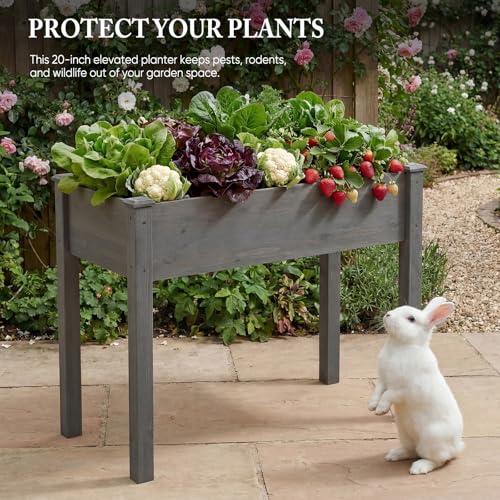 Image of DUMOS Raised Garden Bed 34x18x30 Inch, Outdoor Planter Box with Legs, Elevated Wood Garden Bed with Liner for Herbs Flowers Vegetables, Wooden Planter Box for Patio, Balcony, Backyard, Grey