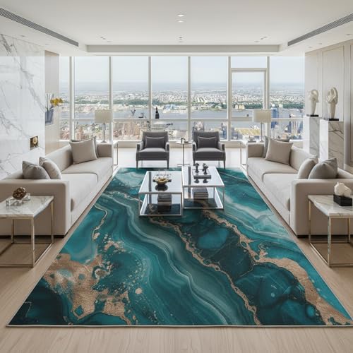 Tapete rectangular 6 x 8 ft turquesa con diseño marmolado