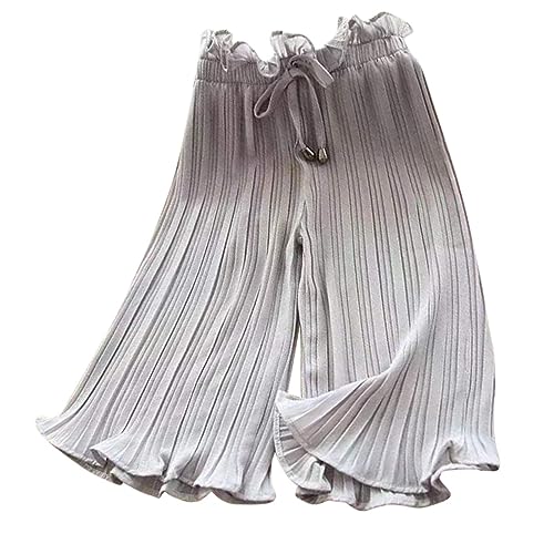 Girl's Wide Leg Flowy Pants Elastic Waist Pleated Culottes Stretchy Cropped Pant Casual Solid Ruffle (Grey, 4-5 Years)