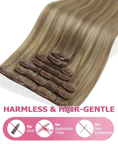Image of YoungSee Ombre Clip in Hair Extensions 120g Light Brown Balayage Platinum Blonde Real Hair Extensions Clip in Human Hair, Instant Hair Volume for Parties, Clip on Hair Extension for Women 14 Inch 7Pcs