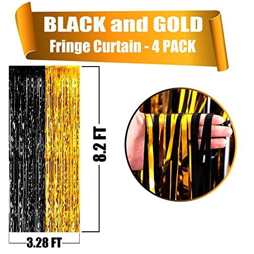 Image of 4 Pack Black Gold Foil Fringe Curtain Backdrop, 3.28Ft x 8.2Ft Metallic Tinsel Foil Fringe Streamers Curtains for Photo Booth, Wedding, Graduation, Birthday, Carnival Party Decoration