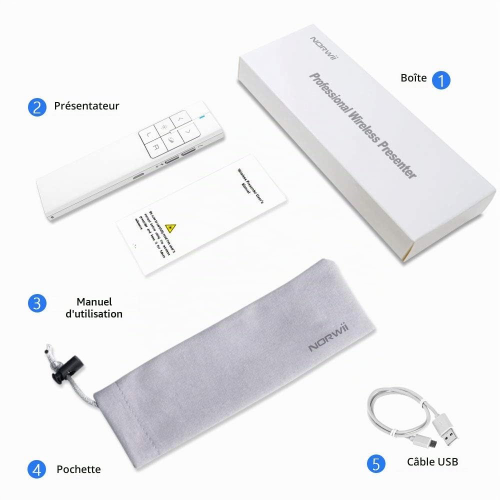 Norwii N99 Pointeur Lumière Souris, Présentateur sans Fil Rechargeable Presentation Clicker Presenter Pointeur Powerpoint Clicker, Soutien Hyperlien/Volume/Pause/Mac