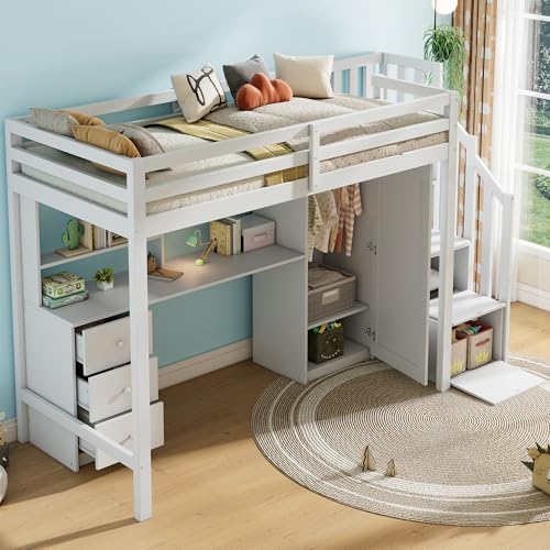 KecDuey 90 x 200cm Hochbett mit Schreibtisch und Kleiderschrank, Treppe, multifunktionales Kinderbett, Kinderetagenbett, ausgestattet mit Schubladen und Treppenschrank, großer Stauraum, ohne Matratze