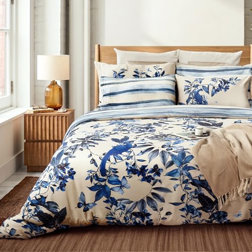 Image of Digitally Printed Premium Bedsheet Set | 300 TC 100% Cotton 1 Queen Bedsheet Set | Extra Smoothness with Sateen Weave| Blue Bird Bedsheet Set (1 Flat Sheet + 2 Pillow Cases)